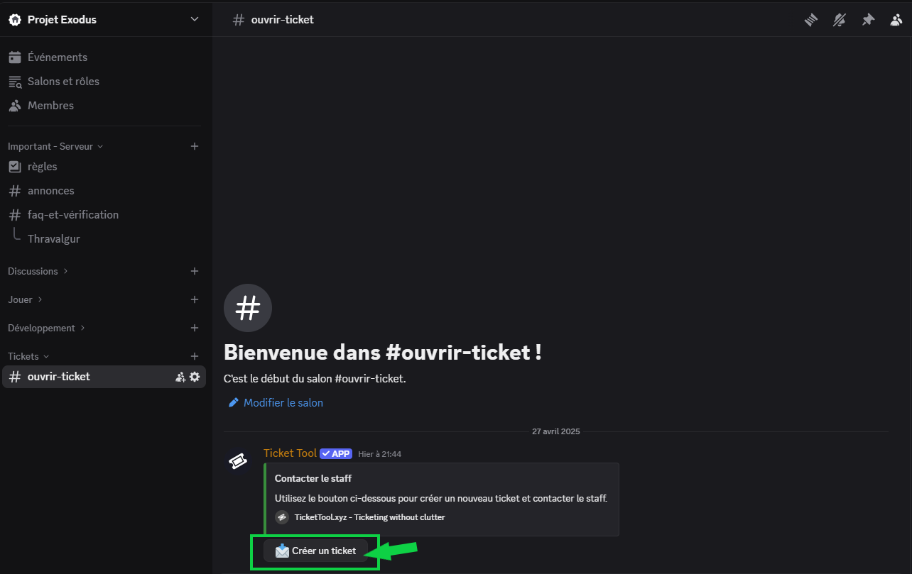 Image indiquant comment ouvrir un ticket sur Discord